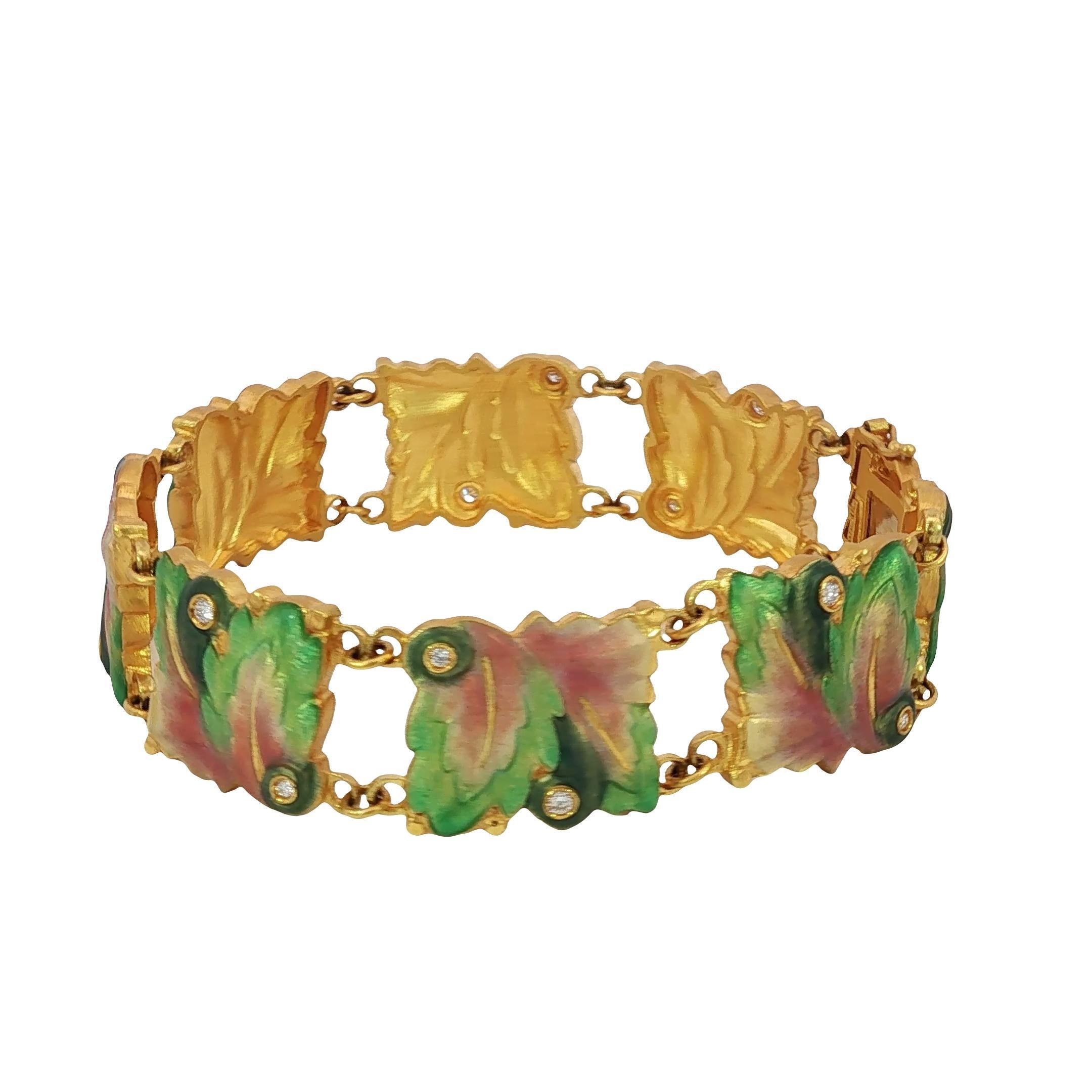Masriera 18K Diamond Bracelet Plique A Jour Leaf Motif Yellow Gold Size 6.75 For Sale 4