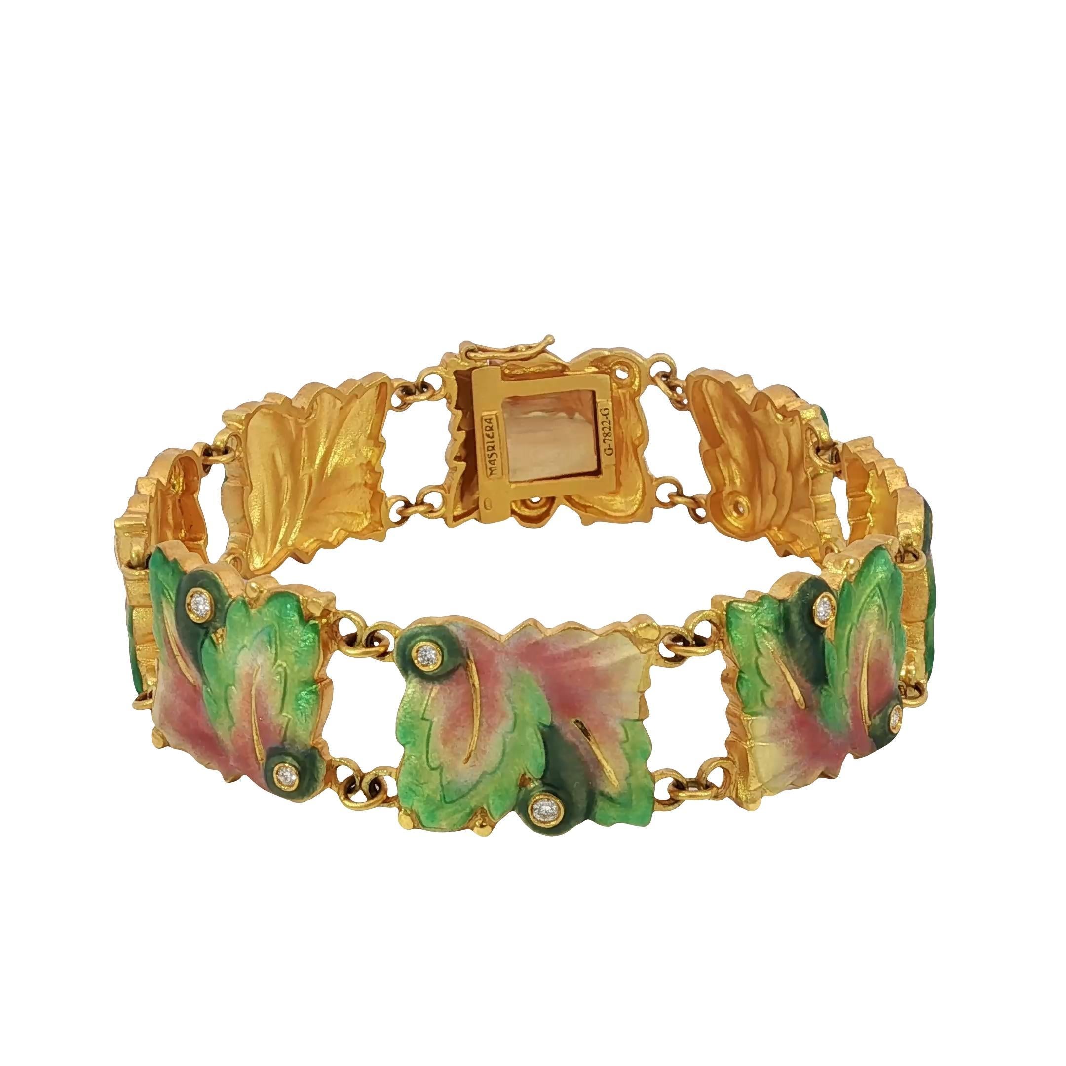 Masriera 18K Diamond Bracelet Plique A Jour Leaf Motif Yellow Gold Size 6.75 For Sale 5
