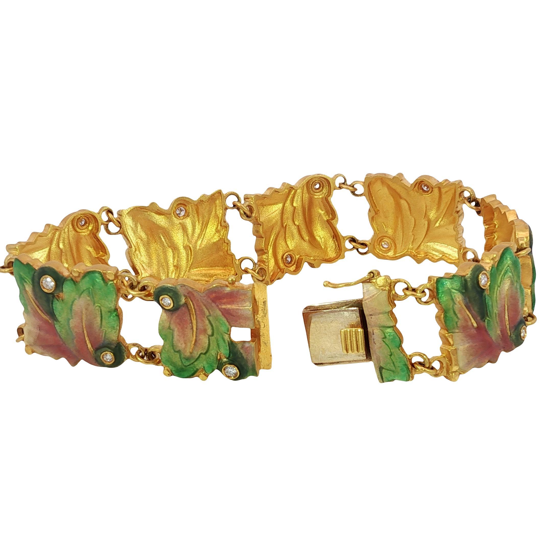 Masriera 18K Diamond Bracelet Plique A Jour Leaf Motif Yellow Gold Size 6.75 For Sale 6