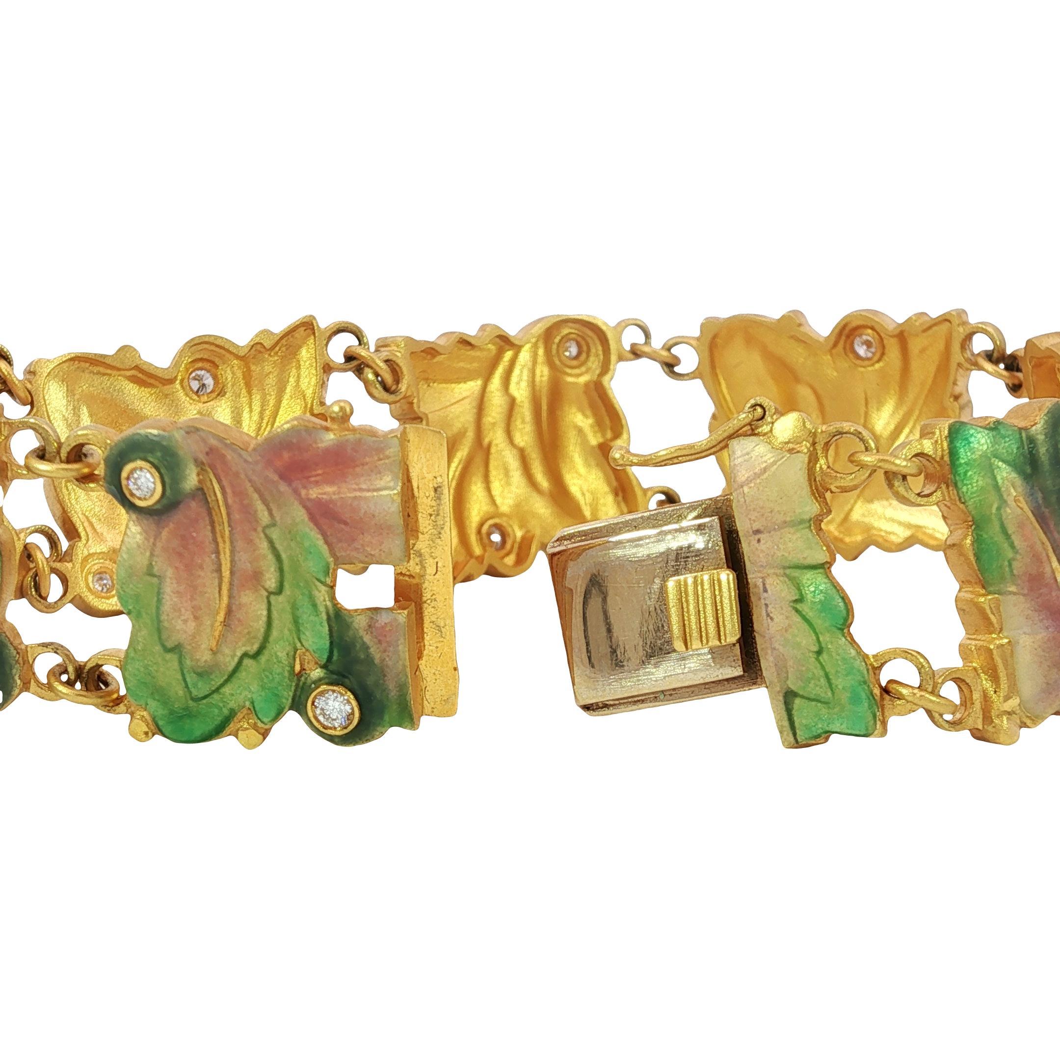 Masriera 18K Diamond Bracelet Plique A Jour Leaf Motif Yellow Gold Size 6.75 For Sale 7