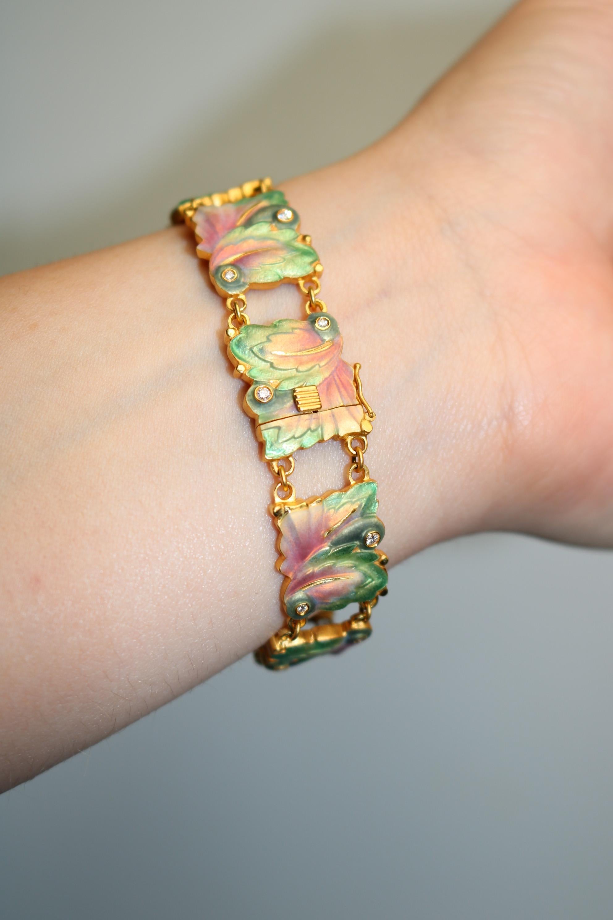 Masriera 18K Diamond Bracelet Plique A Jour Leaf Motif Yellow Gold Size 6.75 For Sale 9