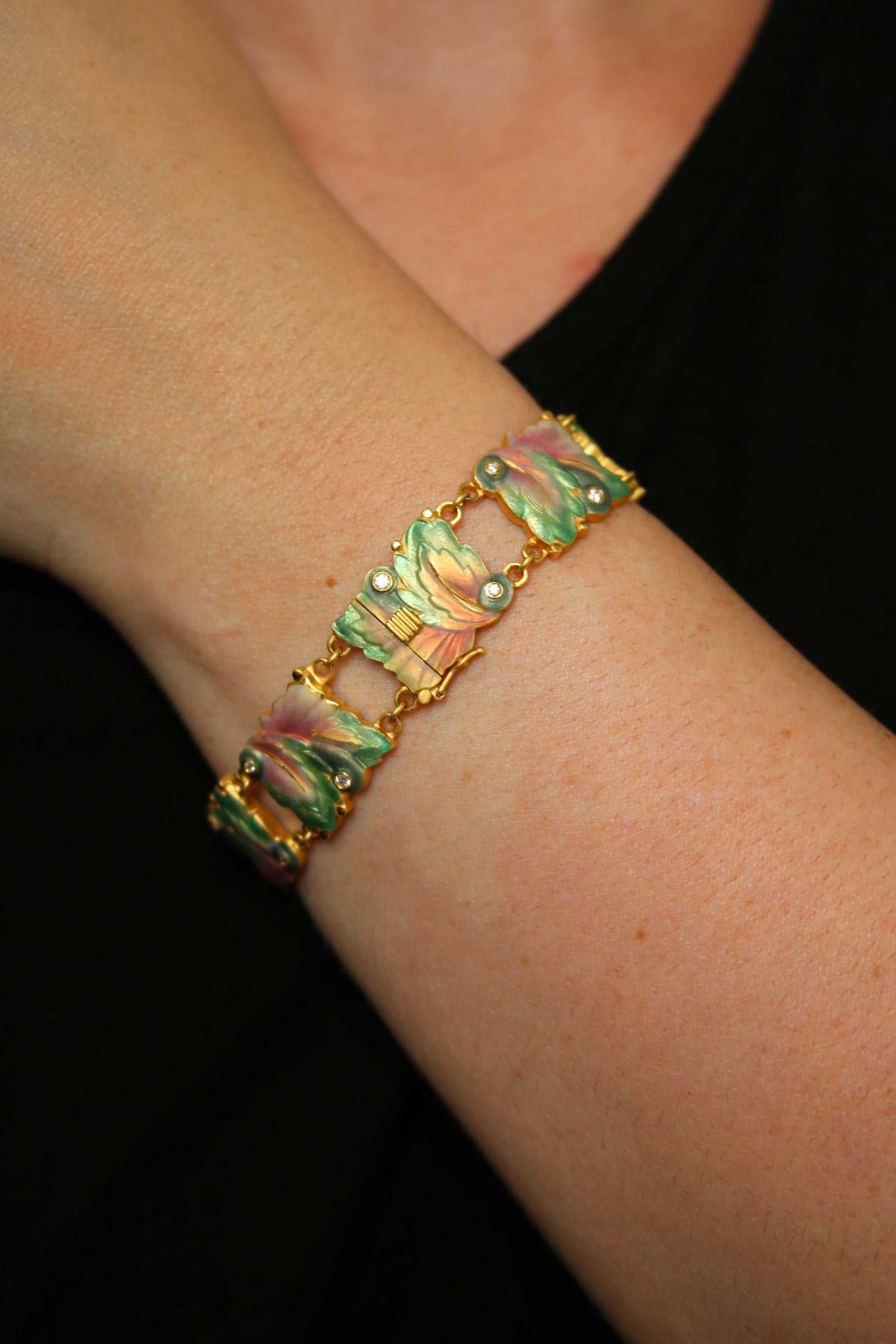 Art Nouveau Masriera 18K Diamond Bracelet Plique A Jour Leaf Motif Yellow Gold Size 6.75 For Sale