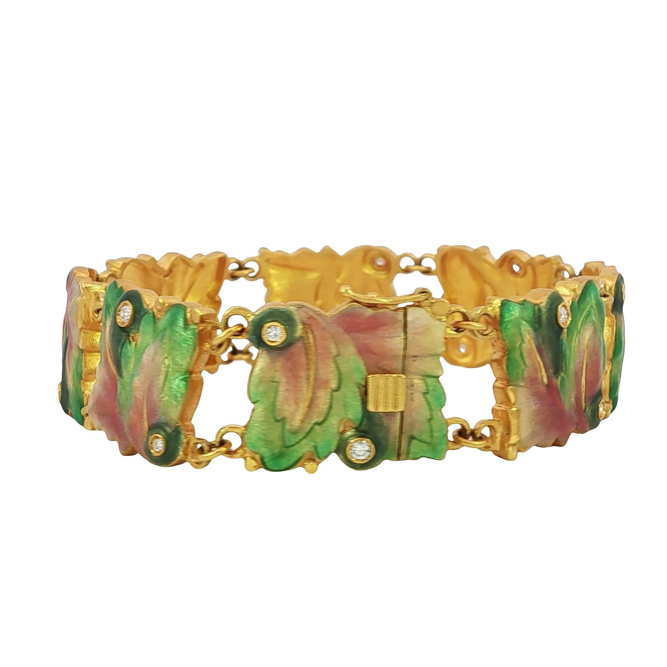 Round Cut Masriera 18K Diamond Bracelet Plique A Jour Leaf Motif Yellow Gold Size 6.75 For Sale