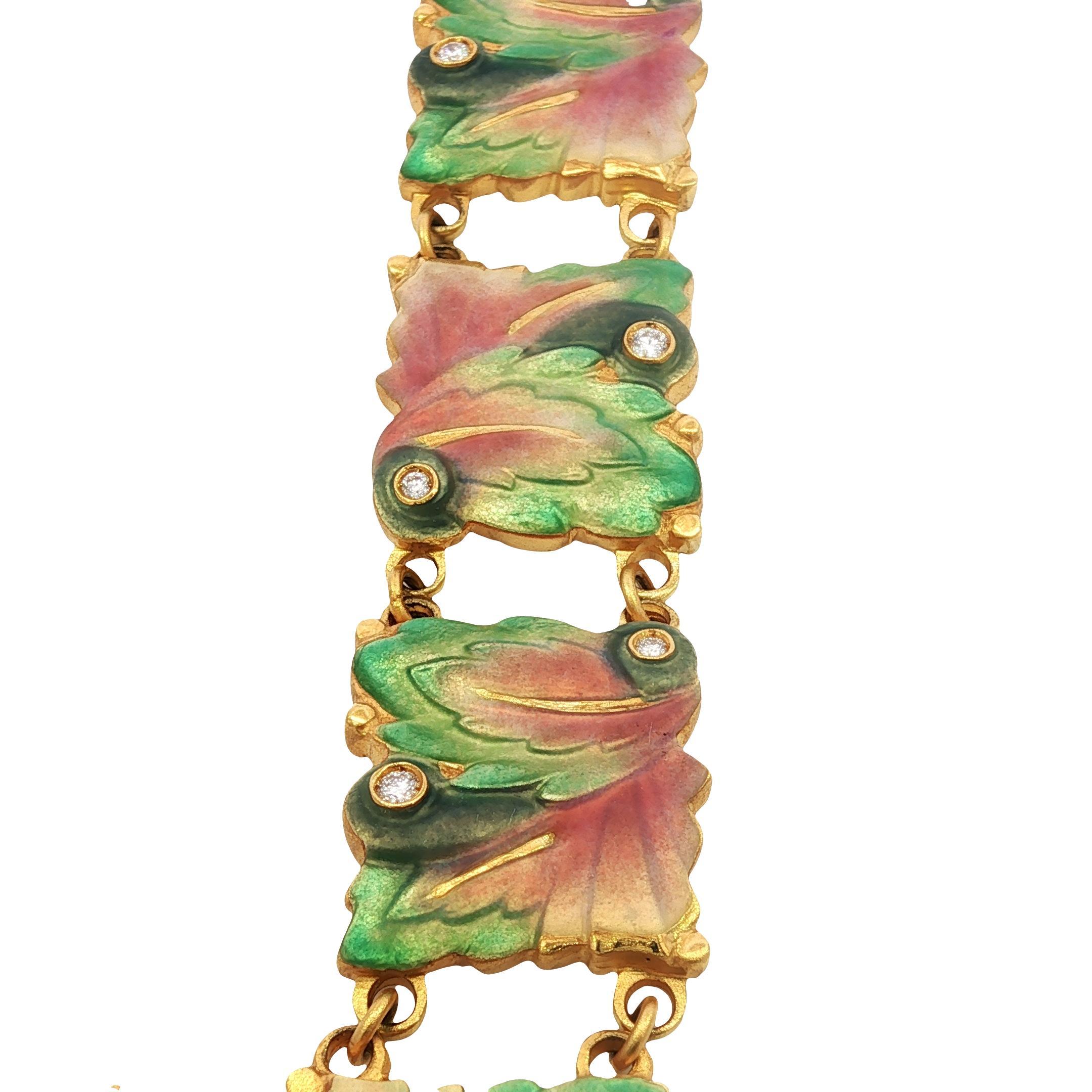 Women's Masriera 18K Diamond Bracelet Plique A Jour Leaf Motif Yellow Gold Size 6.75 For Sale