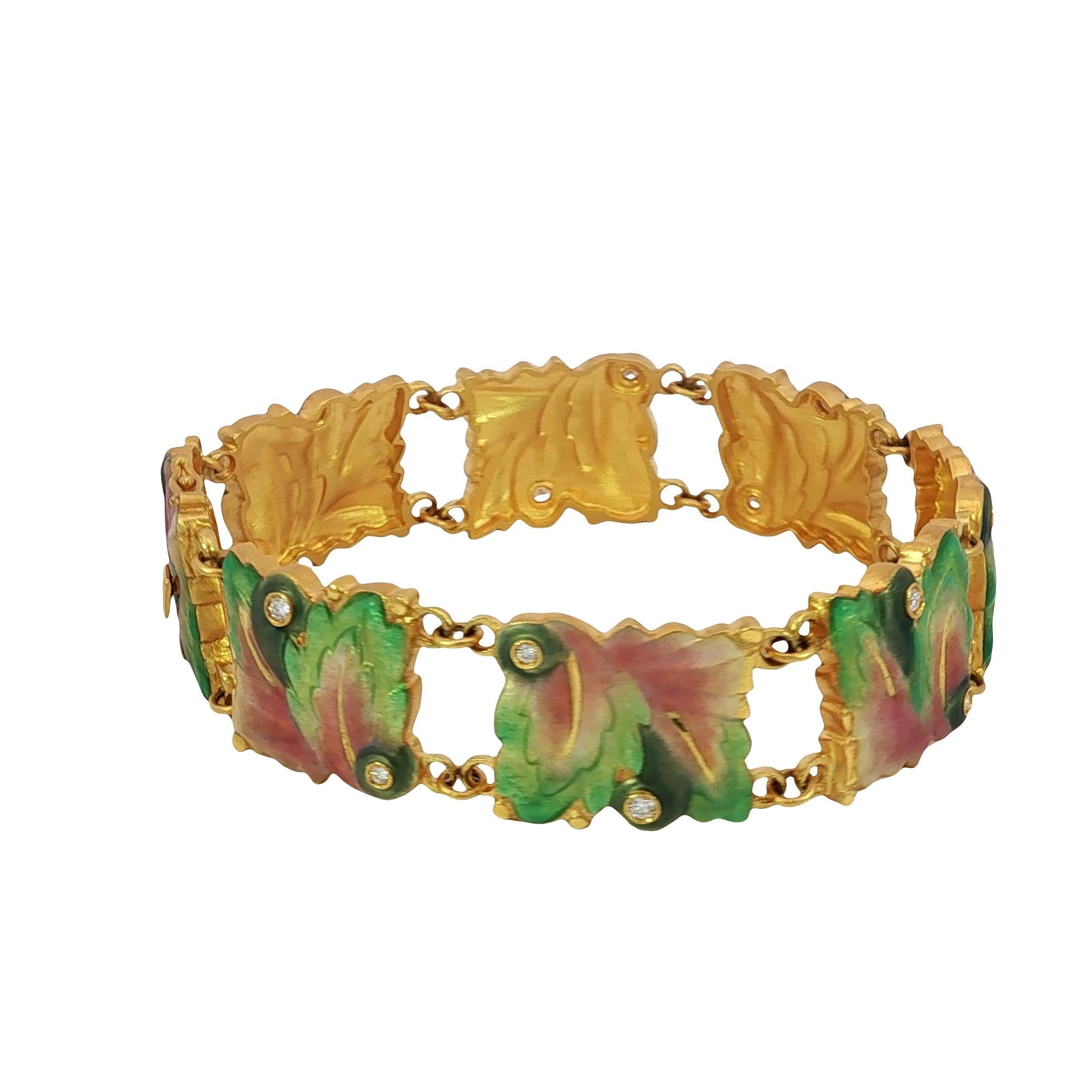 Masriera 18K Diamond Bracelet Plique A Jour Leaf Motif Yellow Gold Size 6.75 For Sale 2