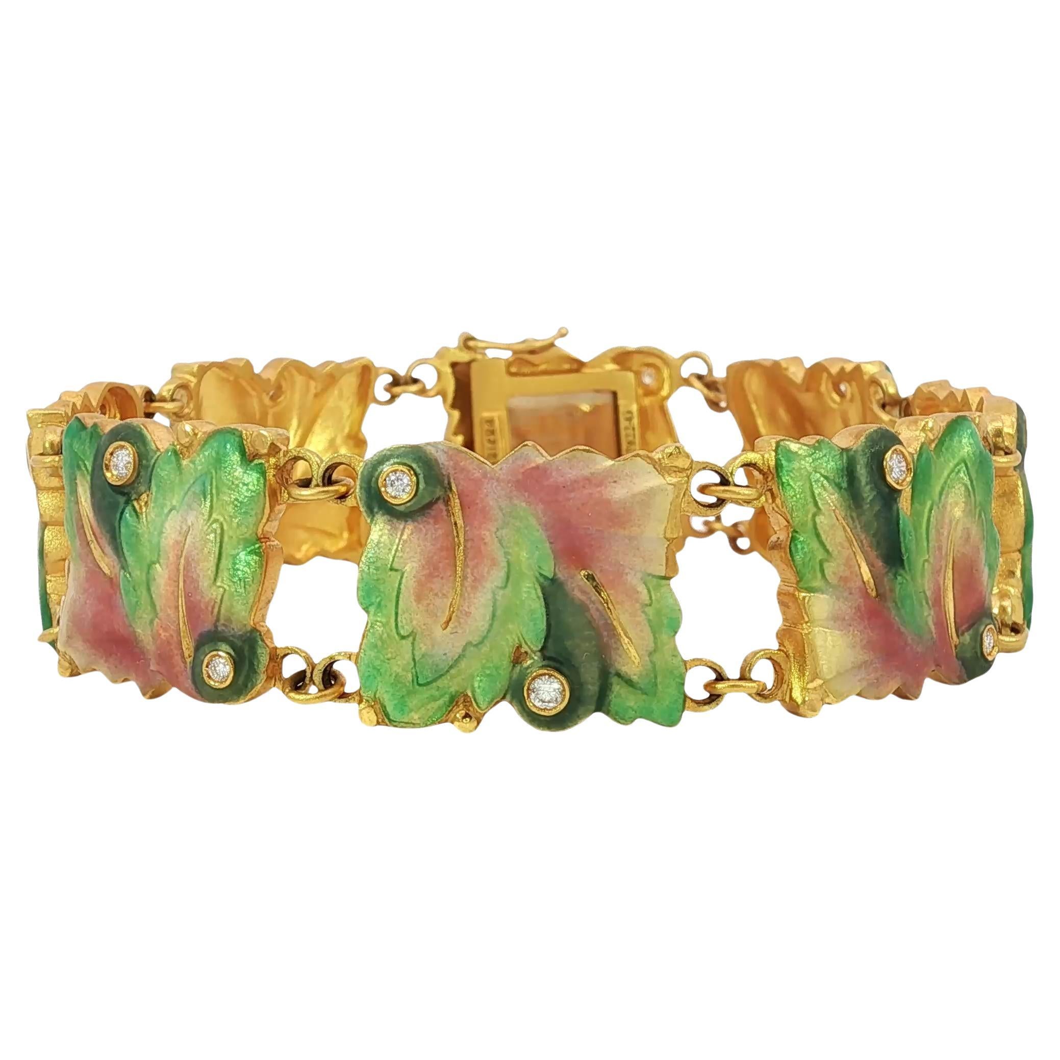 Masriera 18K Diamond Bracelet Plique A Jour Leaf Motif Yellow Gold Size 6.75 For Sale