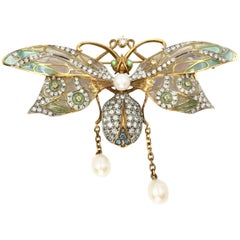 Masriera 18K Dragonfly Diamond and Pearl Pendant Brooch 1.62 Diamond Carat TW