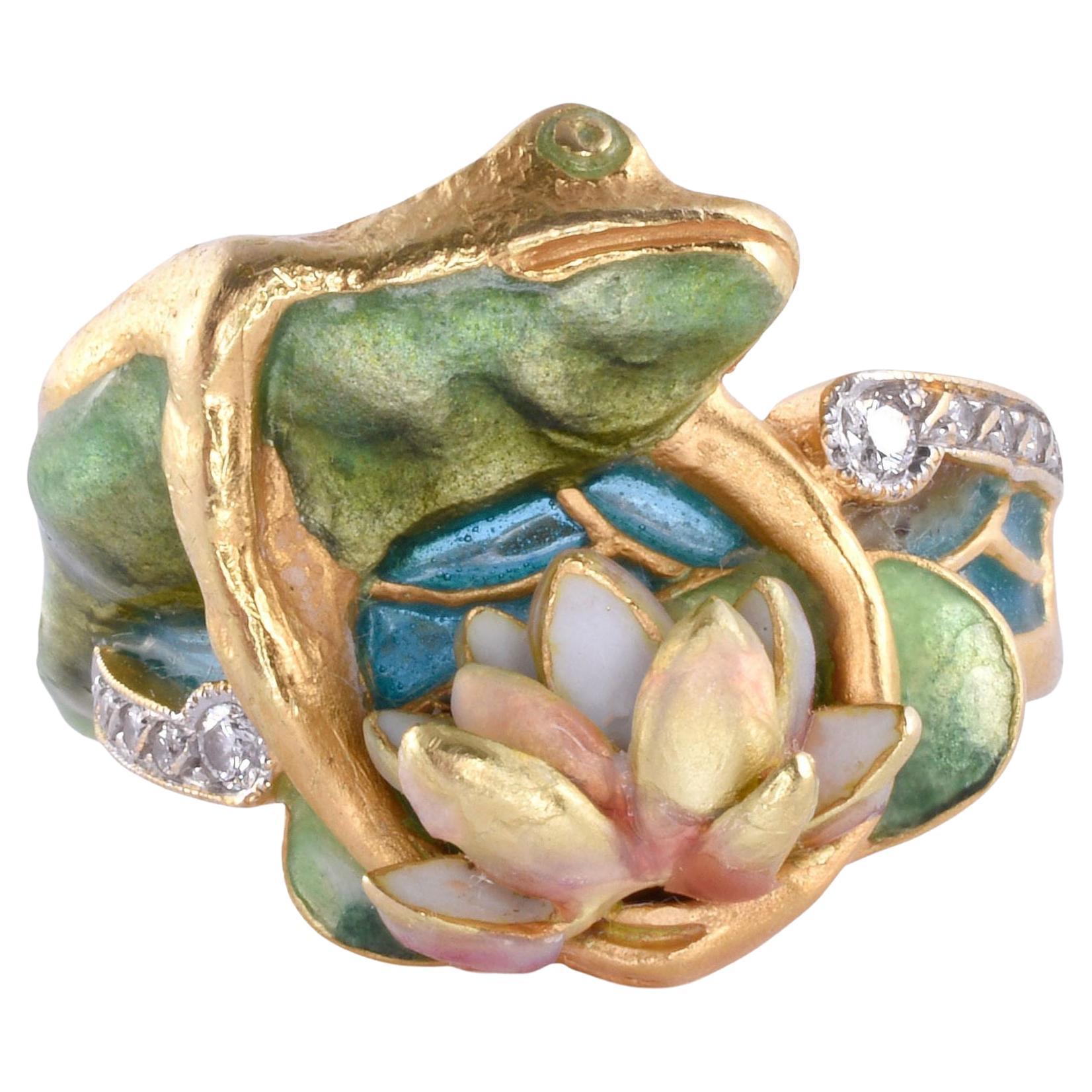 Masriera 18k Enamel Frog & Water Lily Ring For Sale