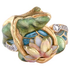 Antique Masriera 18k Enamel Frog & Water Lily Ring