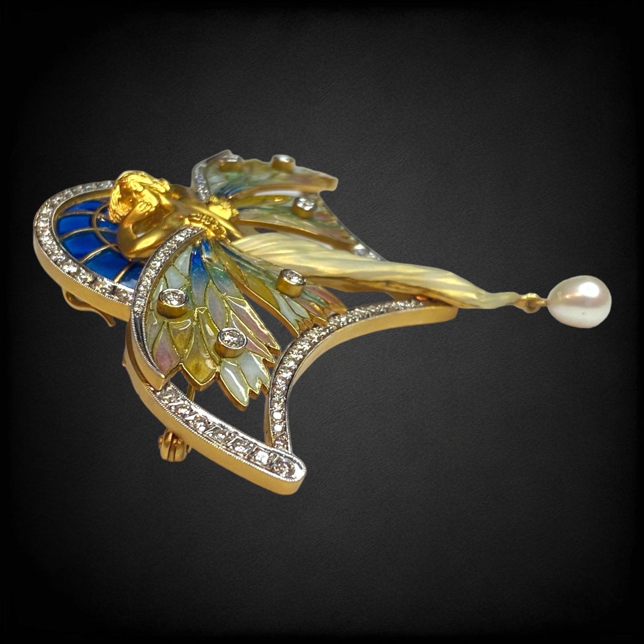 MASRIERA 18K Gold Nymphe Plique-à-Jour Brosche/Anhänger mit Diamanten (Art nouveau) im Angebot