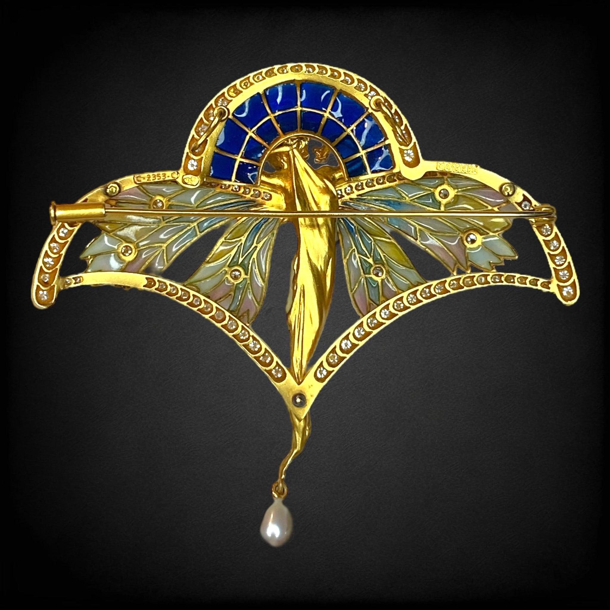 Masriera Broche/Pendentif Nymphe Plique-à-Jour en or 18K avec diamants Excellent état - En vente à Henderson, NV