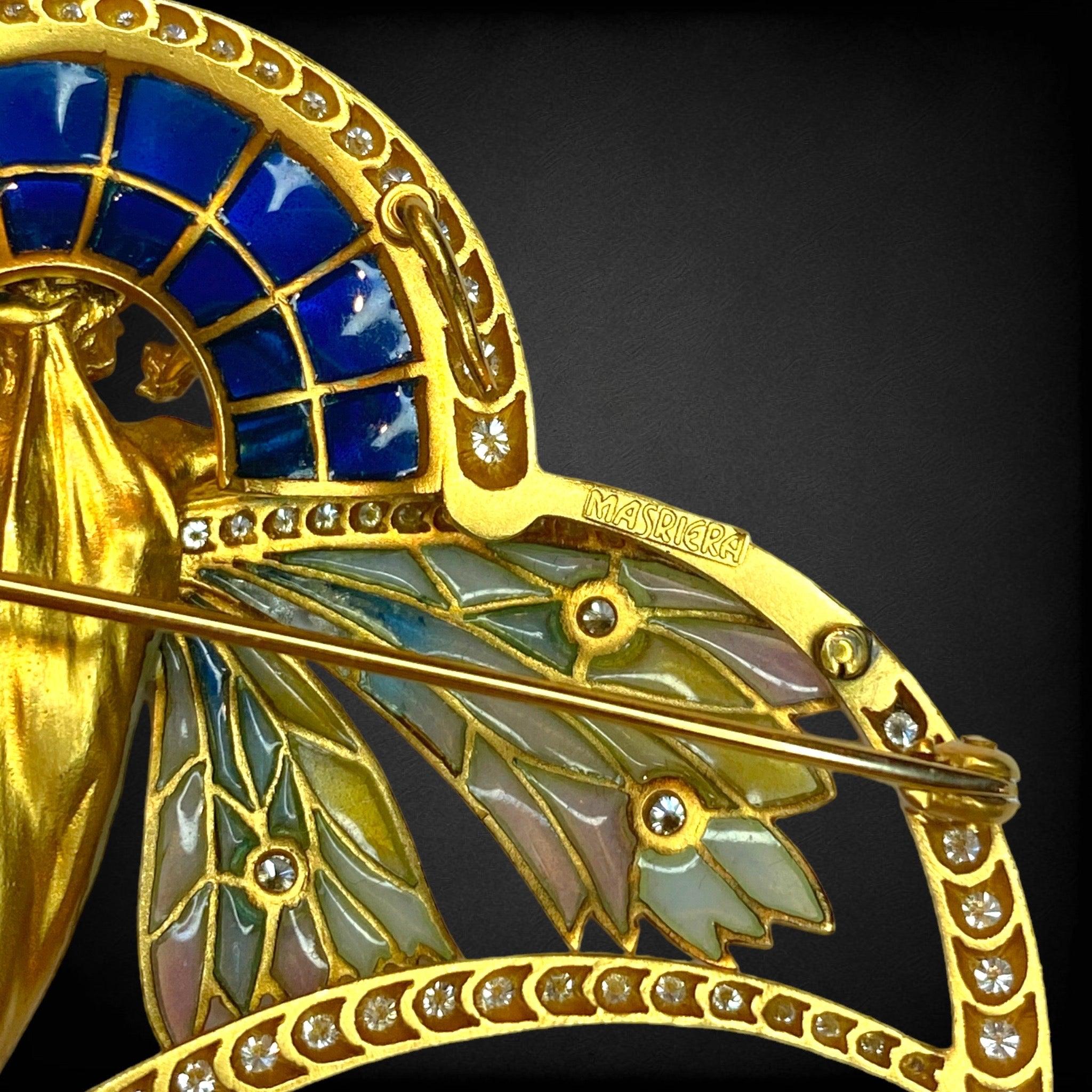 MASRIERA 18K Gold Nymph Plique-à-Jour Brooch/Pendant with Diamonds 1