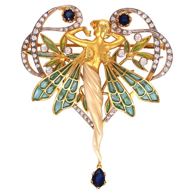 Art Nouveau 18K Gold Enamel Pearl Diamond Brooch For Sale at 1stDibs