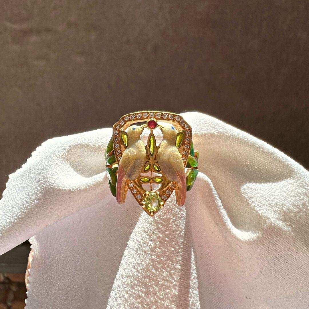Masriera 18 Karat Gelbgold Love Birds Ring mit Vögeln (Art nouveau) im Angebot