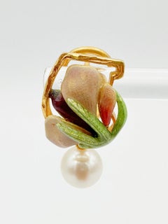 Masriera, boucles d'oreilles Iris Flower Art Nouveau en or jaune 18 carats, perles et émail