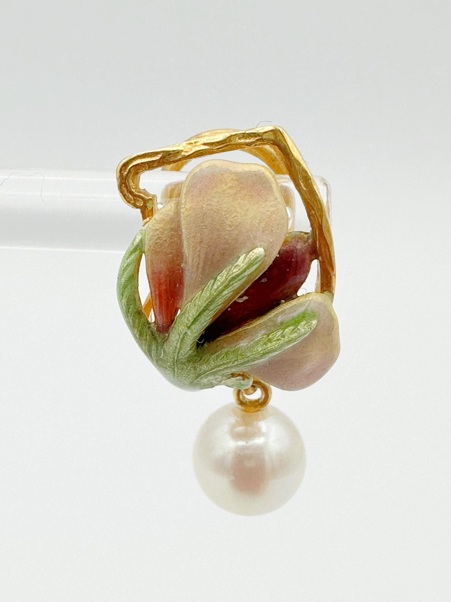 Uncut Masriera 18k Yellow Gold, Pearl and Enamel Art Nouveau Iris Flower Earrings