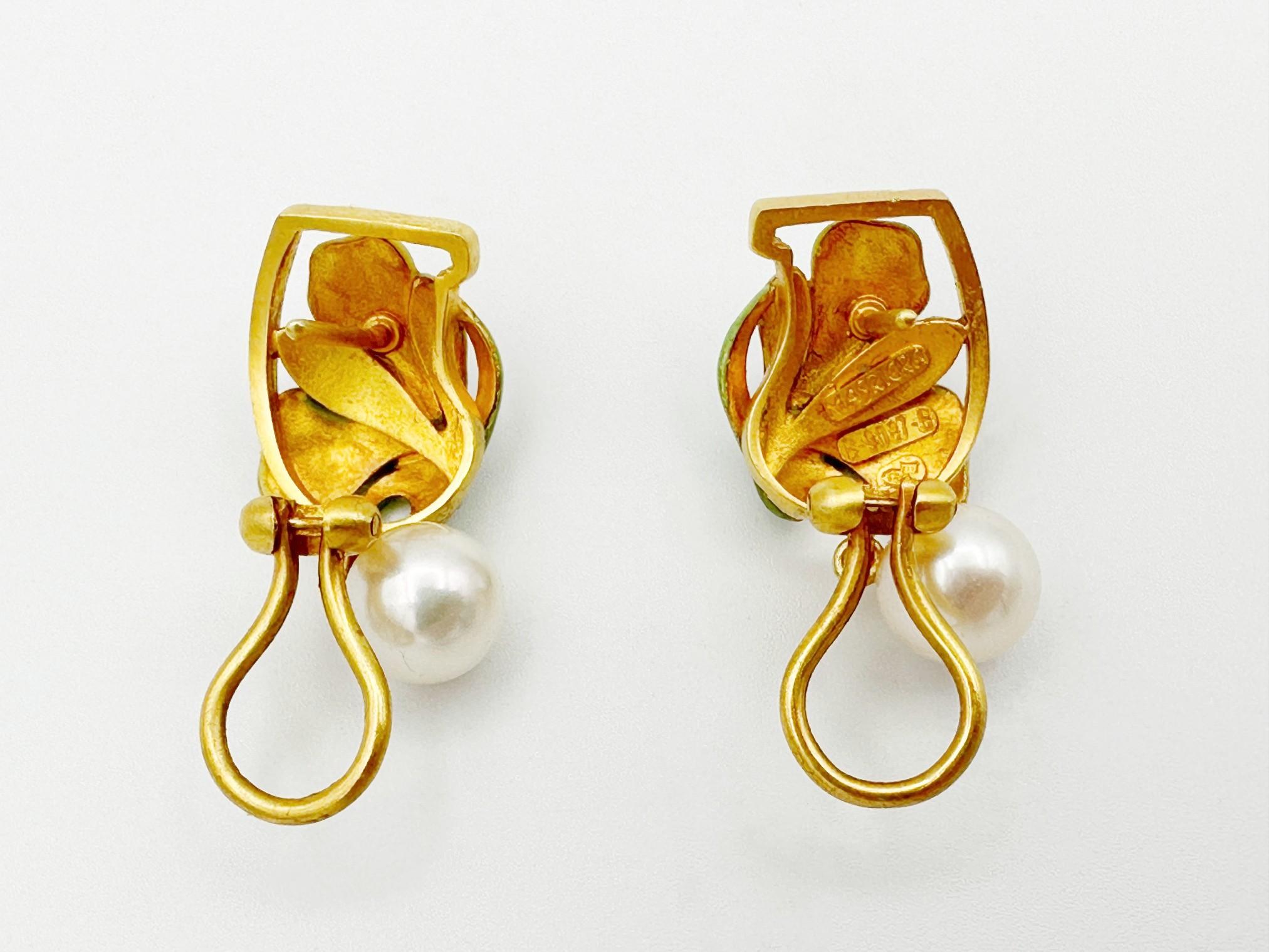 Women's Masriera 18k Yellow Gold, Pearl and Enamel Art Nouveau Iris Flower Earrings