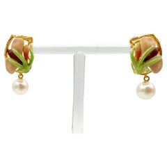 Masriera 18k Yellow Gold, Pearl and Enamel Art Nouveau Iris Flower Earrings