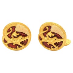 Antique Masriera 18K Yellow Gold Red Dragon Cufflinks