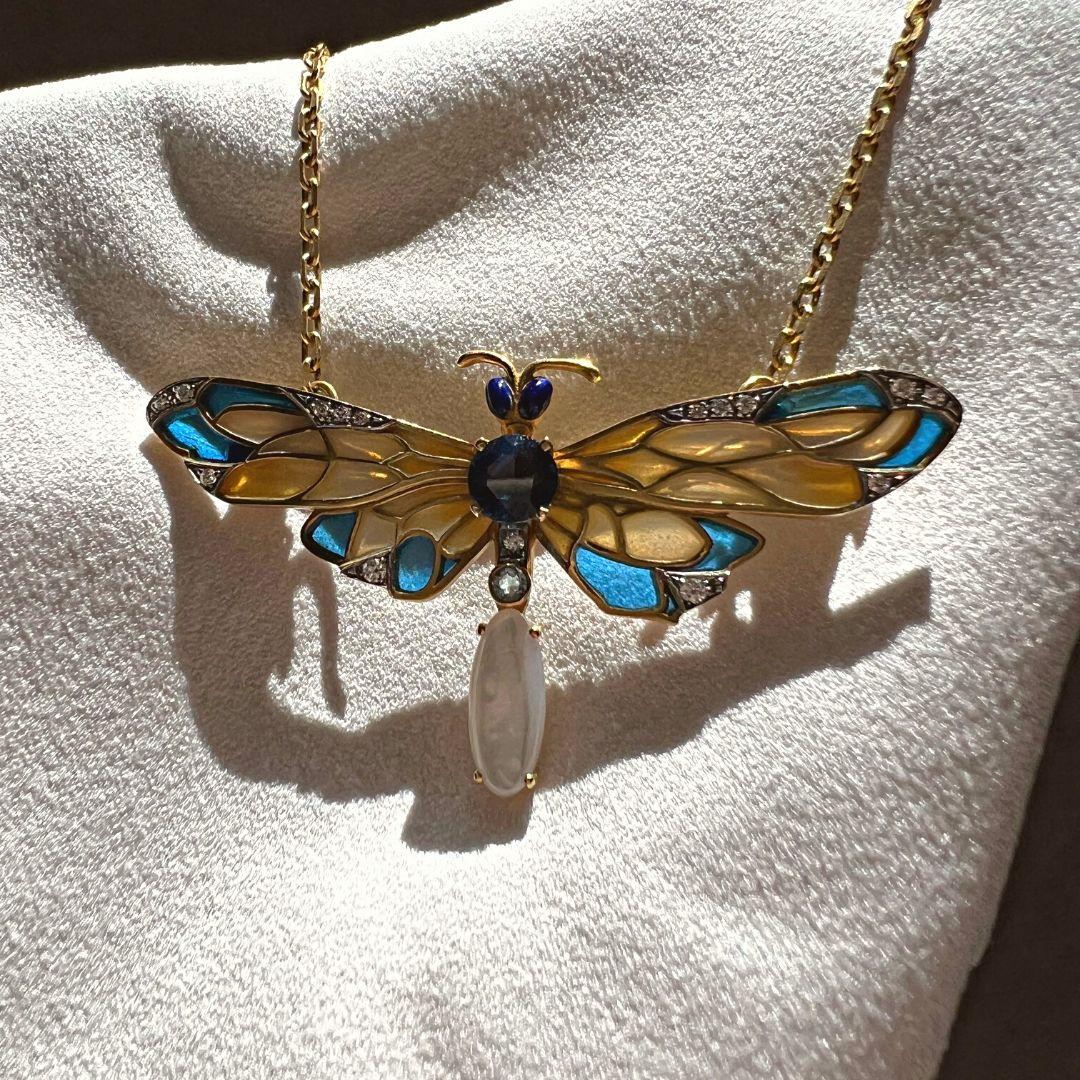 Art Nouveau Masriera 18k Yellow Gold Sapphire Dragonfly Pendant Brooch For Sale