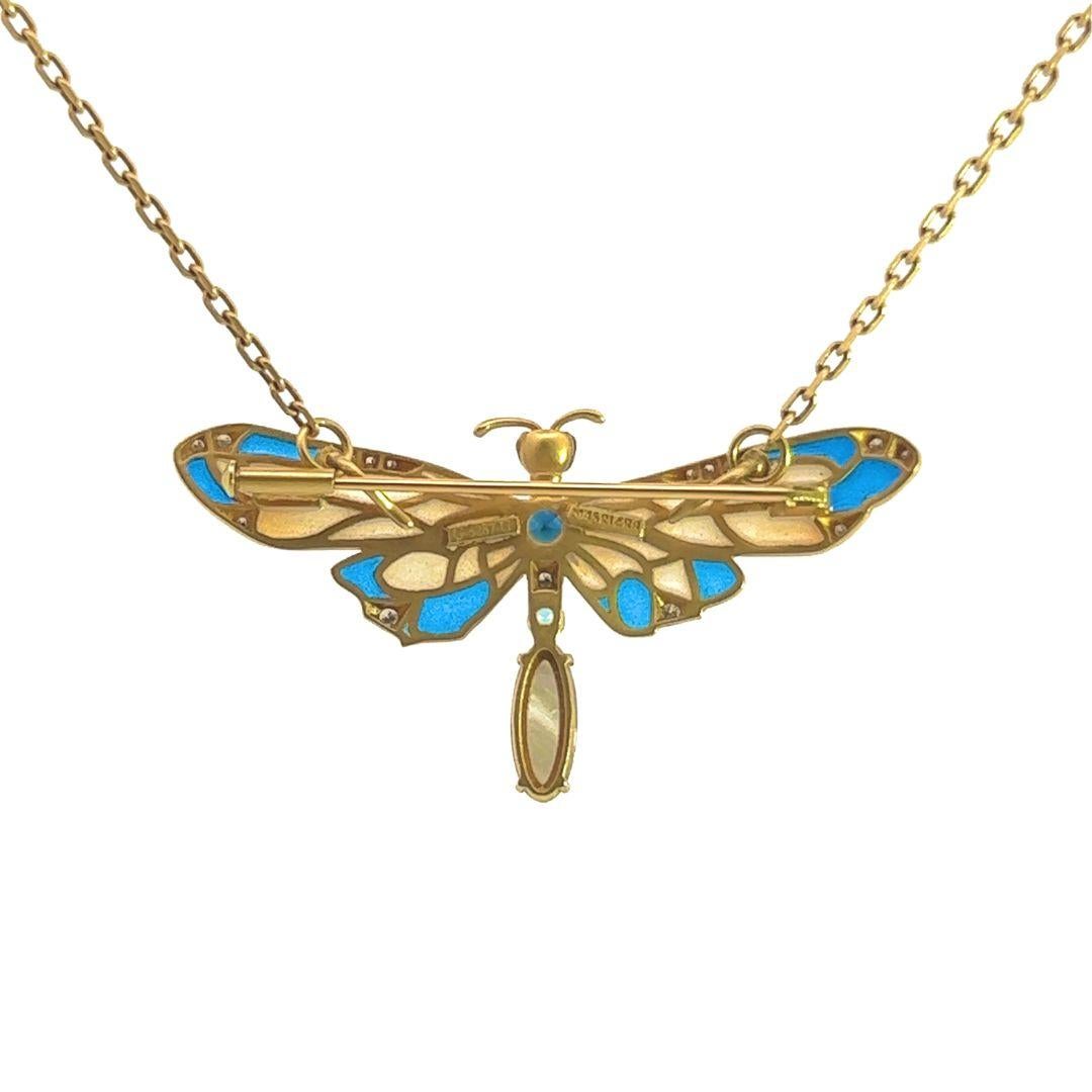 Brilliant Cut Masriera 18k Yellow Gold Sapphire Dragonfly Pendant Brooch For Sale