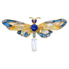 Antique Masriera 18k Yellow Gold Sapphire Dragonfly Pendant Brooch