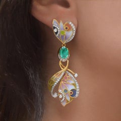 Masriera Boucles d'oreilles en or 18 carats et émail avec 2,48 carats Émeraudes et 0,88 carat de diamants