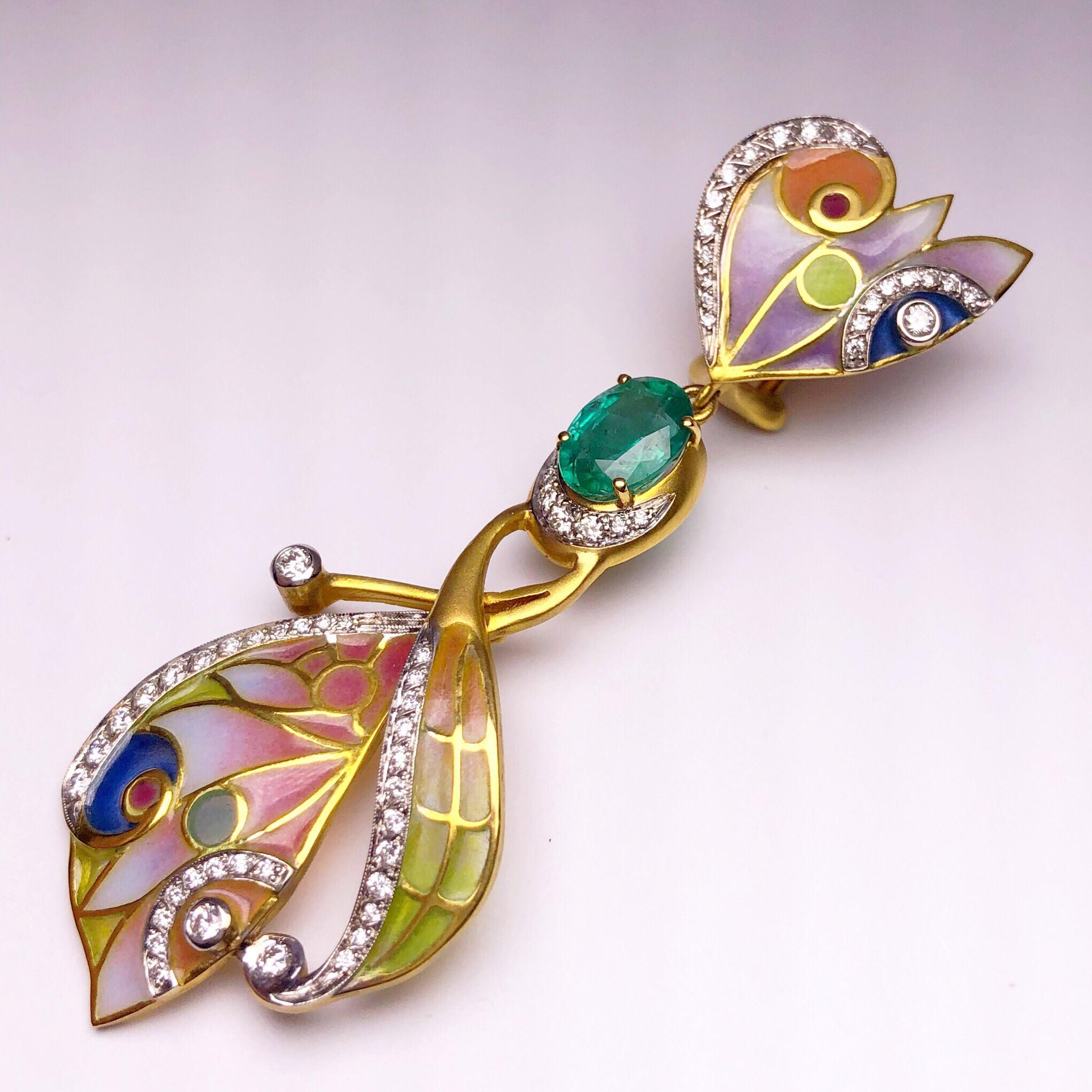 Art Nouveau Masriera 18KT Gold Enamel Earrings with 2.48Ct. Emeralds and .88Ct. of Diamonds For Sale