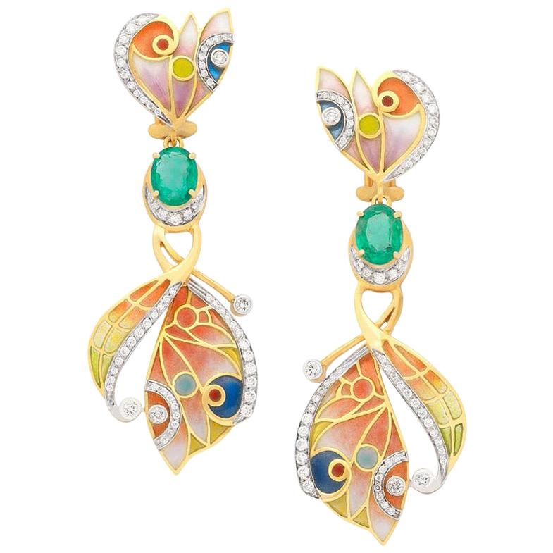 Masriera 18KT Gold Enamel Earrings with 2.48Ct. Emeralds and .88Ct. of Diamonds For Sale