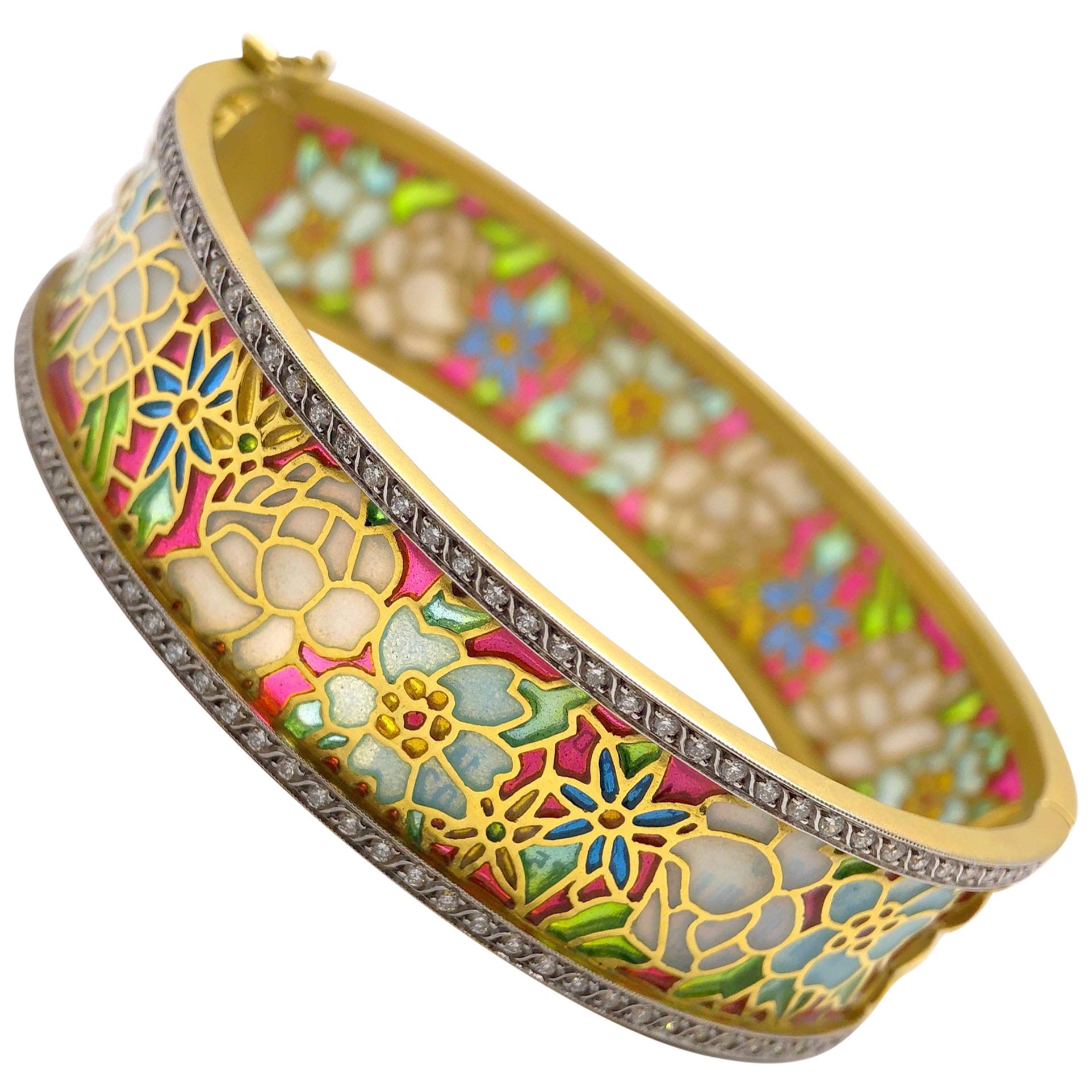 Bracciale Masriera in oro 18KT e smalto Plique-a-Jour con .94Ct. Diamanti in vendita