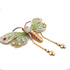 Masriera 18KT Yellow Gold Dragonfly Brooch/ Pendant 2.94Ct Diamond 1.69Ct Ruby