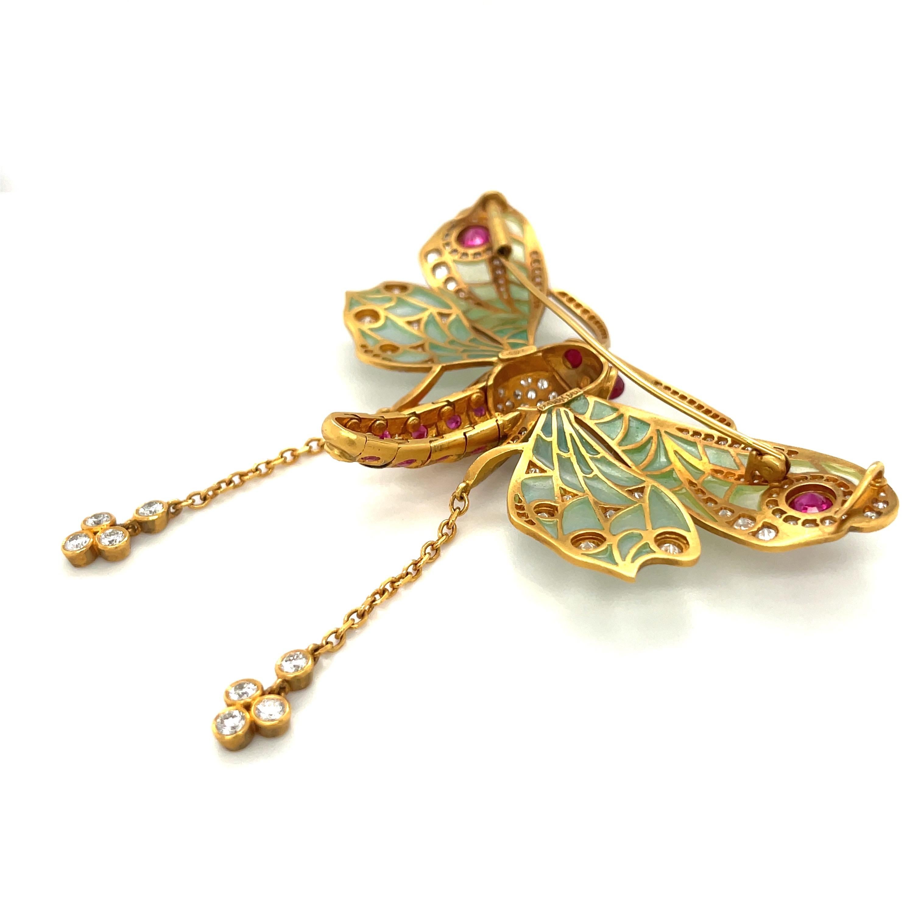 Art nouveau Masriera Broche/ pendentif libellule en or jaune 18 carats avec diamants 2,94 carats et rubis 1,69 carat en vente