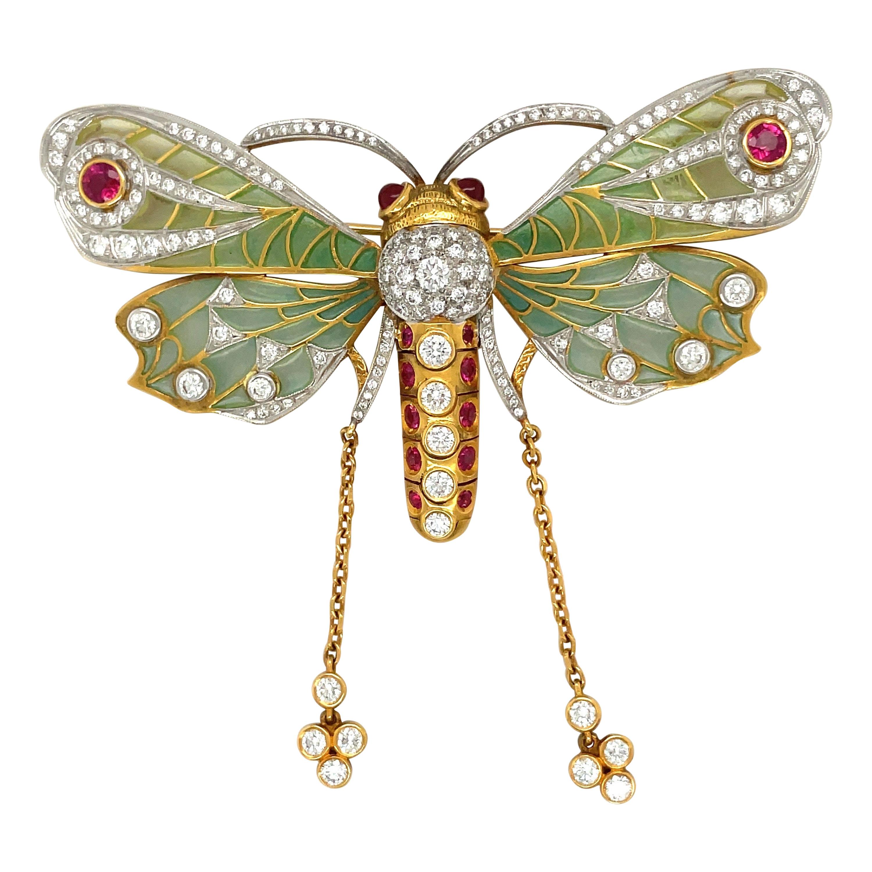 Masriera 18KT Yellow Gold Dragonfly Brooch/ Pendant 2.94Ct Diamond 1.69Ct Ruby For Sale