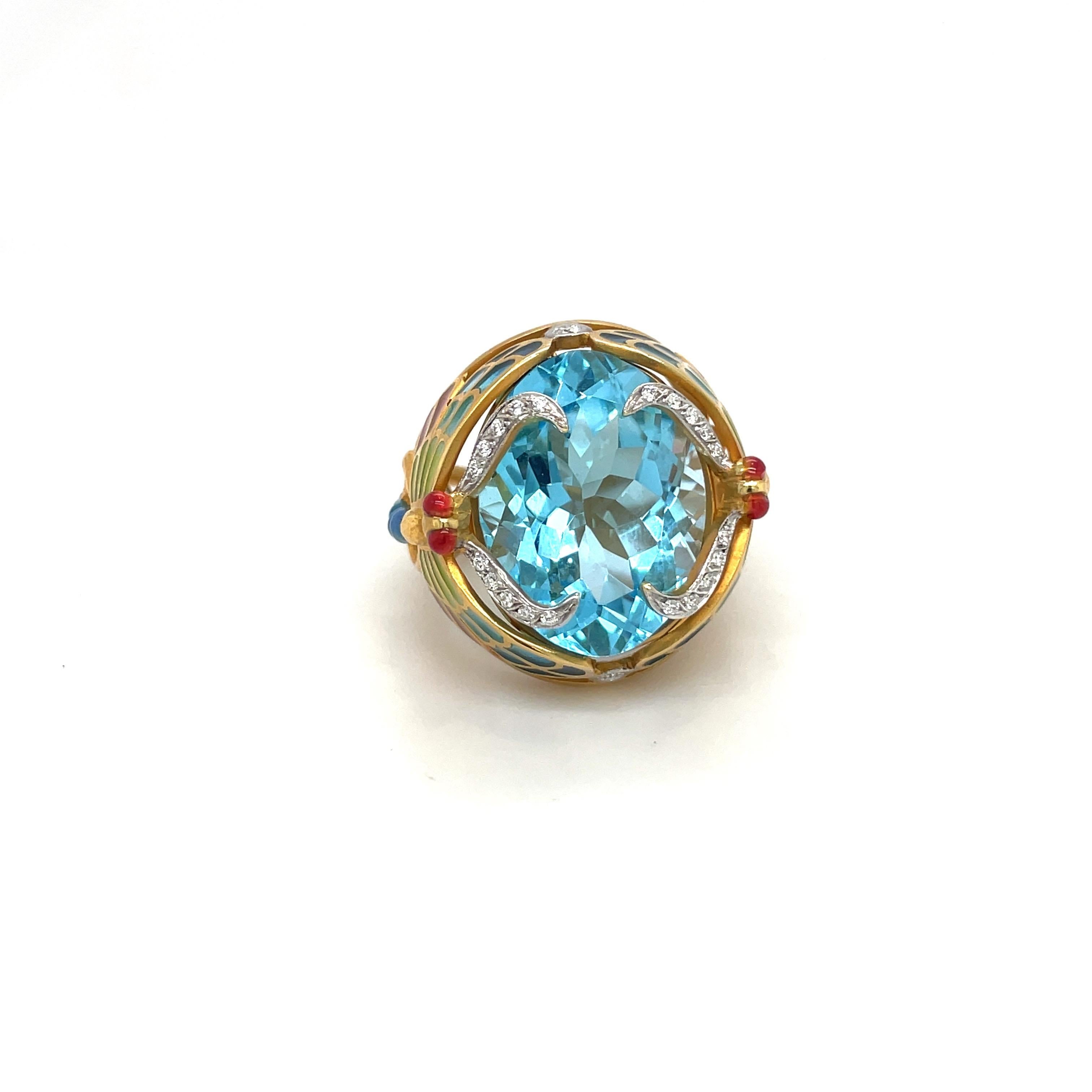 Art Nouveau Masriera 18kt Yellow Gold Dragonfly Ring 20.66ct Blue Topaz, Enamel & Diamonds For Sale
