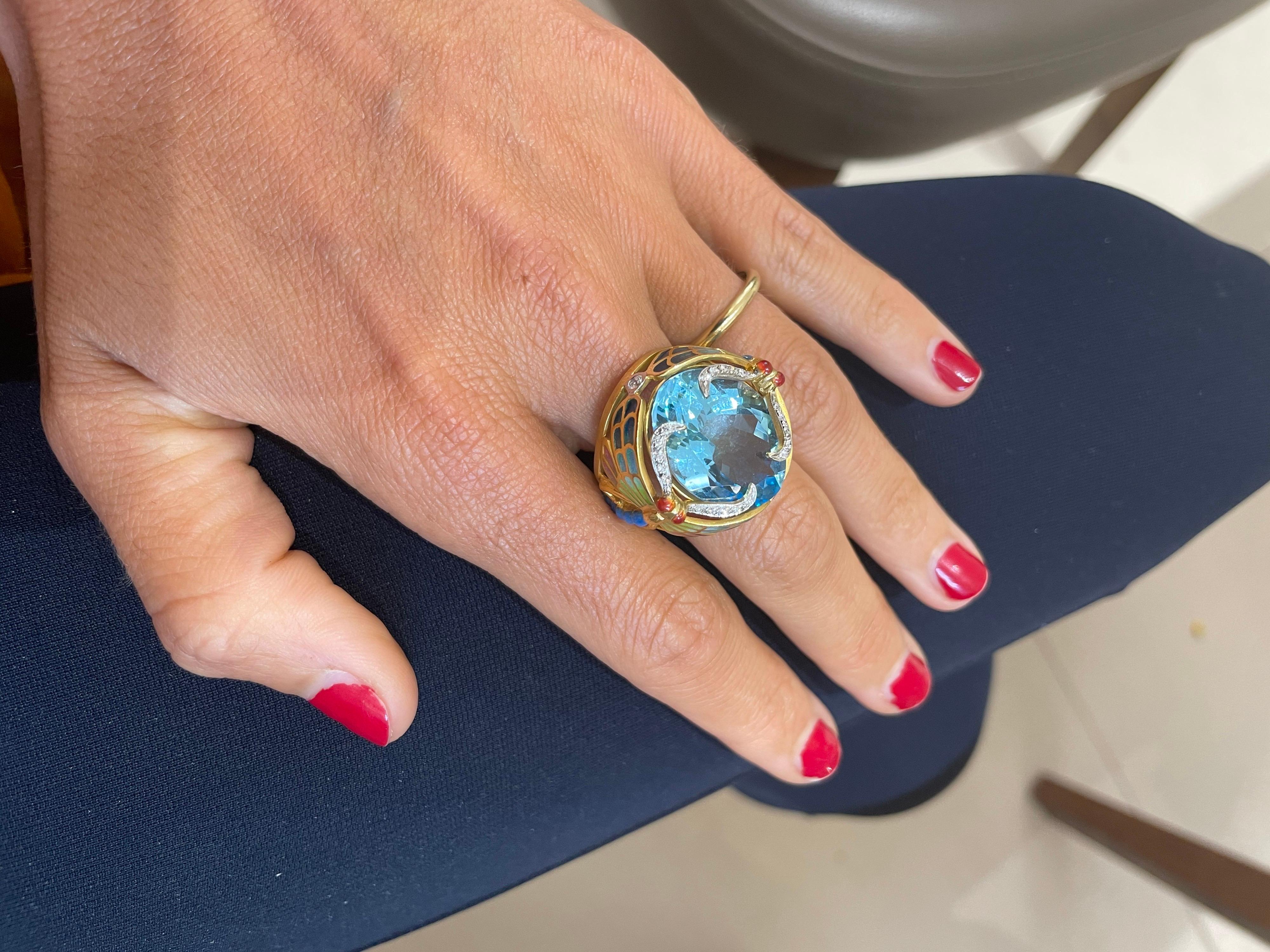Art Nouveau Masriera 18kt Yellow Gold Dragonfly Ring 20.66ct Blue Topaz, Enamel & Diamonds