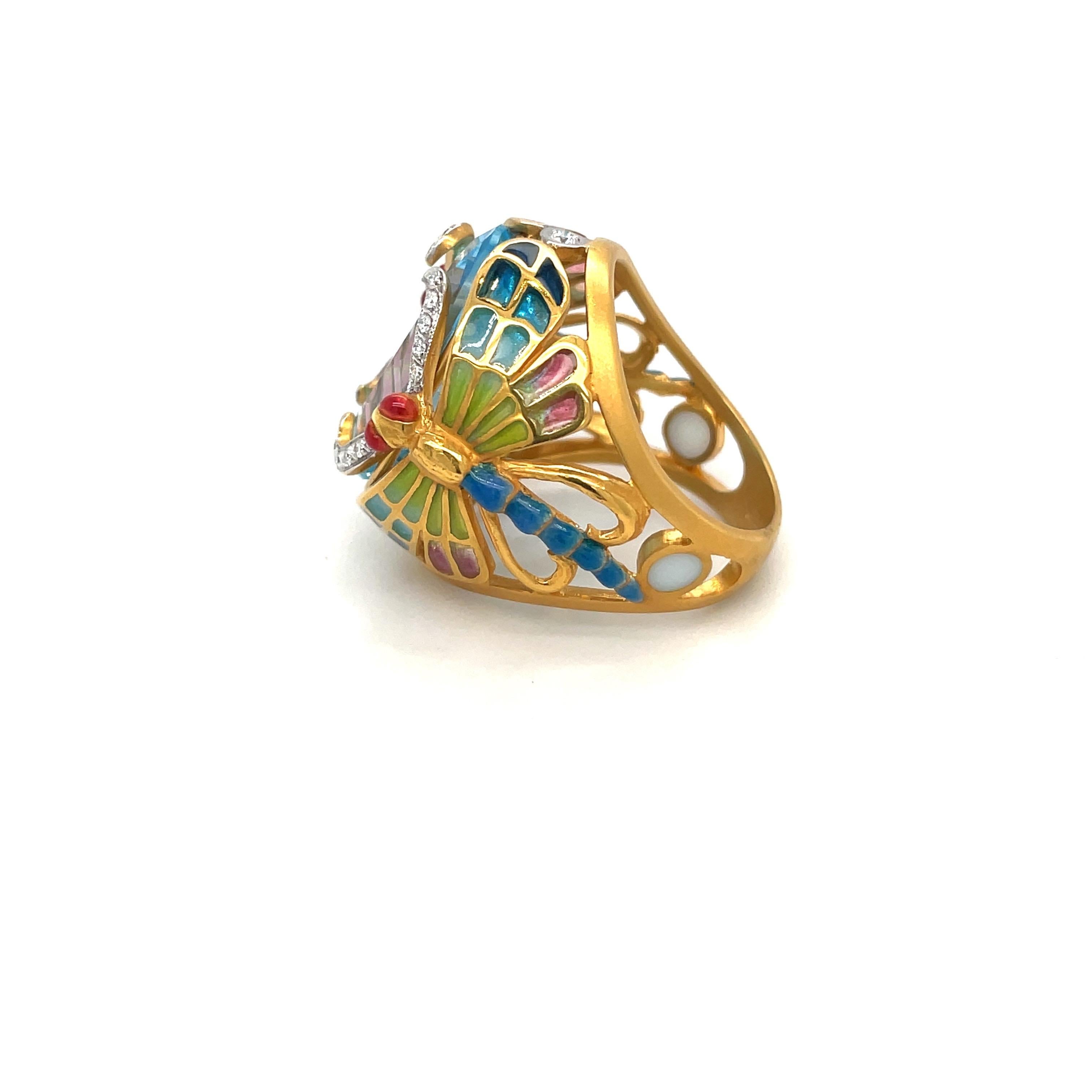 Oval Cut Masriera 18kt Yellow Gold Dragonfly Ring 20.66ct Blue Topaz, Enamel & Diamonds
