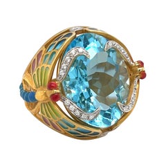 Masriera 18kt Yellow Gold Dragonfly Ring 20.66ct Blue Topaz, Enamel & Diamonds