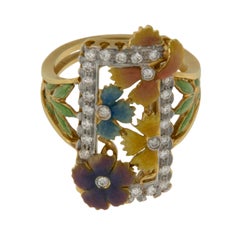 Masriera 18KYG Gold Inspiration Collection Basse Taille Enamel Floral Ring