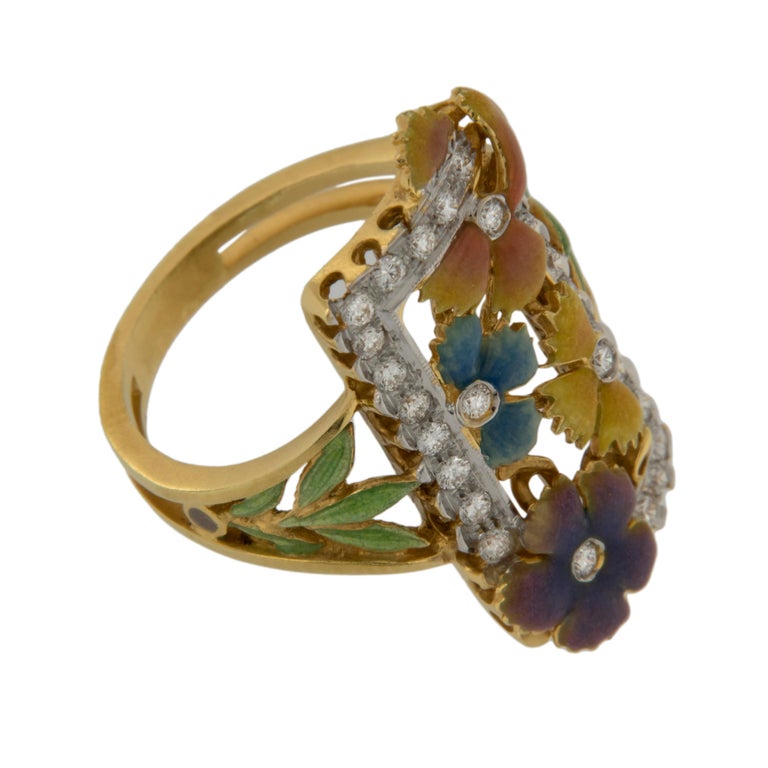 Art Nouveau Masriera 18KYG Gold Inspiration Collection Basse Taille Enamel Floral Ring For Sale