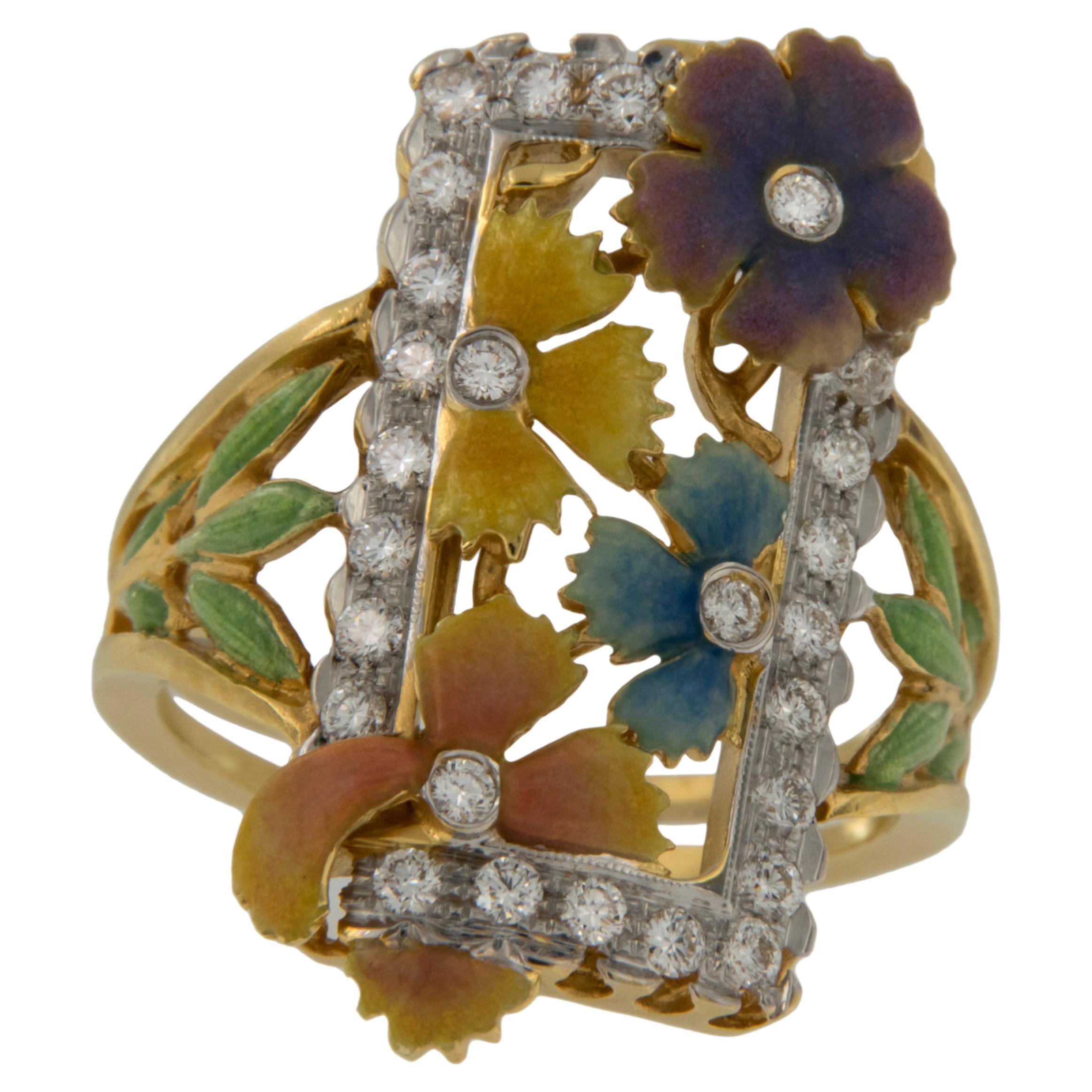 Masriera 18KYG Gold Inspiration Collection Basse Taille Enamel Floral Ring