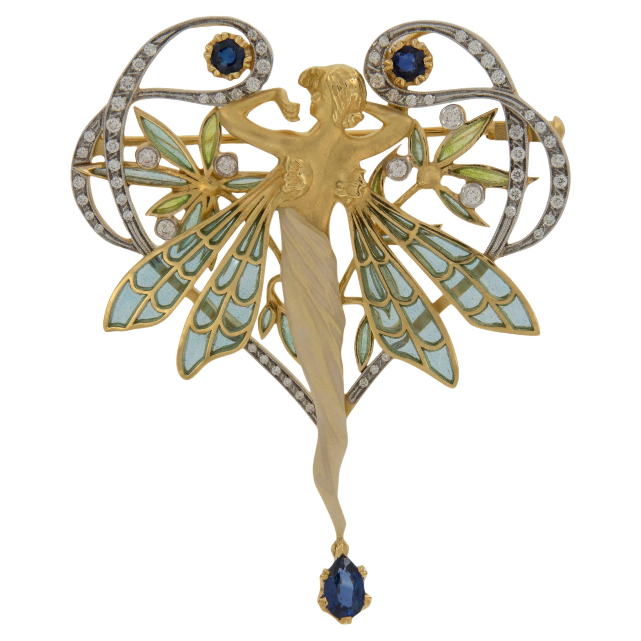 Masriera 18KYG Sapphire Diamond Winged Love Nymph Enamel Pendant Brooch