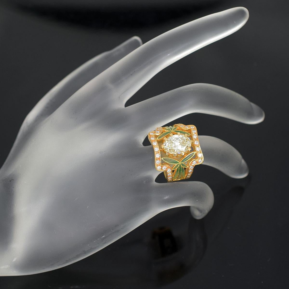 Masriera 2,29 Karat Diamant Cloisonné 18 Karat Gelbgold Ring US 6 3/4 (Ovalschliff) im Angebot