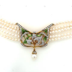 Masriera 5 Strand Pearl Chocker with Open Work Enamel and Diamond Plaque