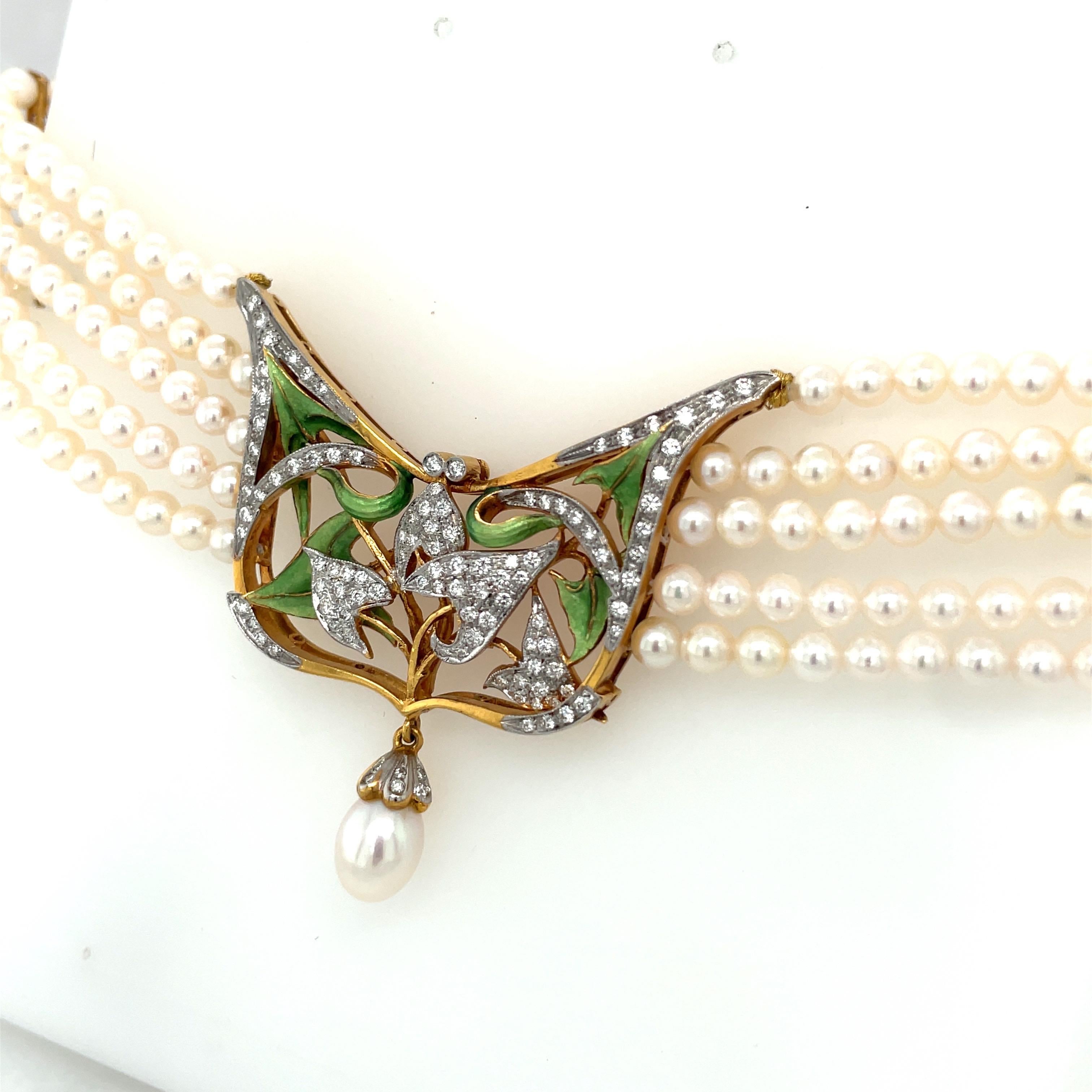 Masriera 5 Strand Pearl Chocker with Open Work Enamel and Diamond Plaque In New Condition For Sale In New York, NY