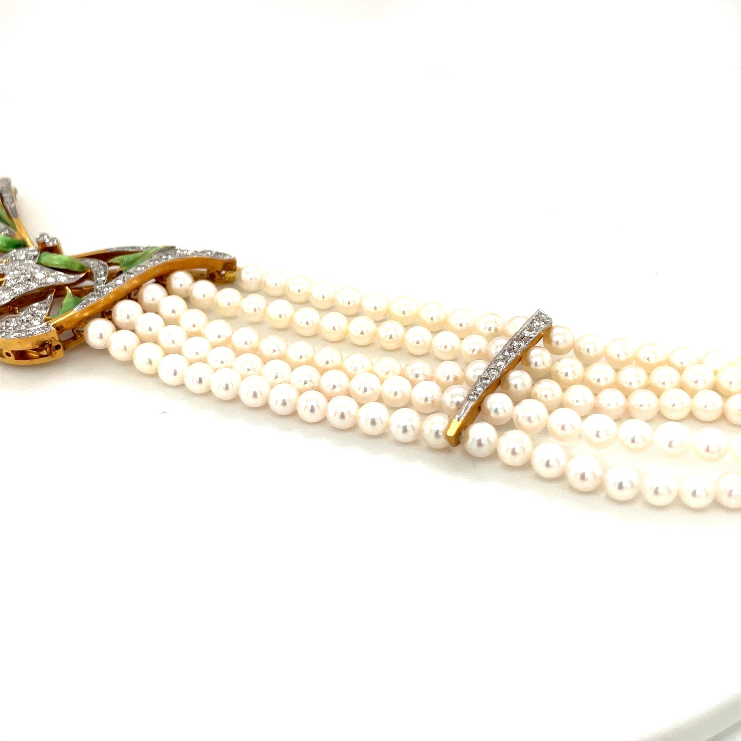 Women's or Men's Masriera 5 Strand Pearl Chocker with Open Work Enamel and Diamond Plaque For Sale