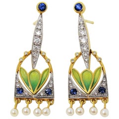 Masriera Art Nouveau Diamond, Sapphire, Pearl, Enamel Dangle Earrings 18K Gold