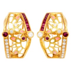 Masriera Art Nouveau Earrings Rubies and Diamonds Original Box and Certificate