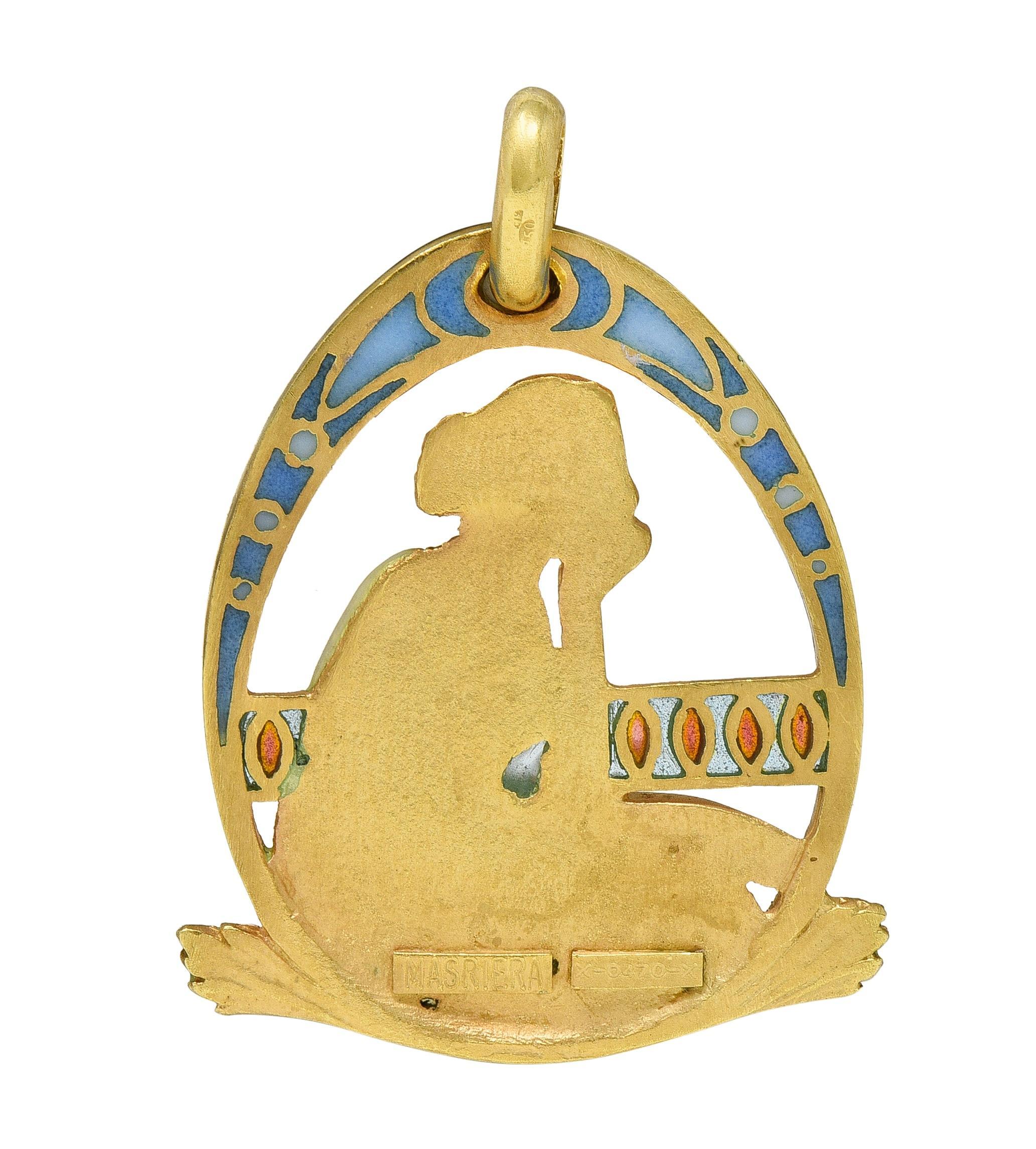 Masriera Art Nouveau Enamel 18K Yellow Gold Antique Pliqué-A-Jour Lady Pendant In Excellent Condition For Sale In Philadelphia, PA