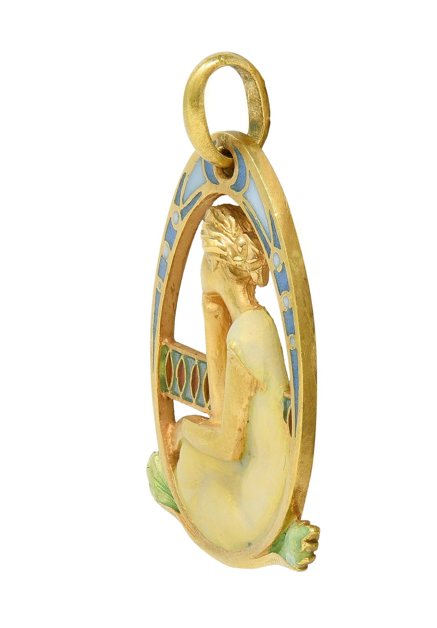 Women's or Men's Masriera Art Nouveau Enamel 18K Yellow Gold Antique Pliqué-A-Jour Lady Pendant For Sale