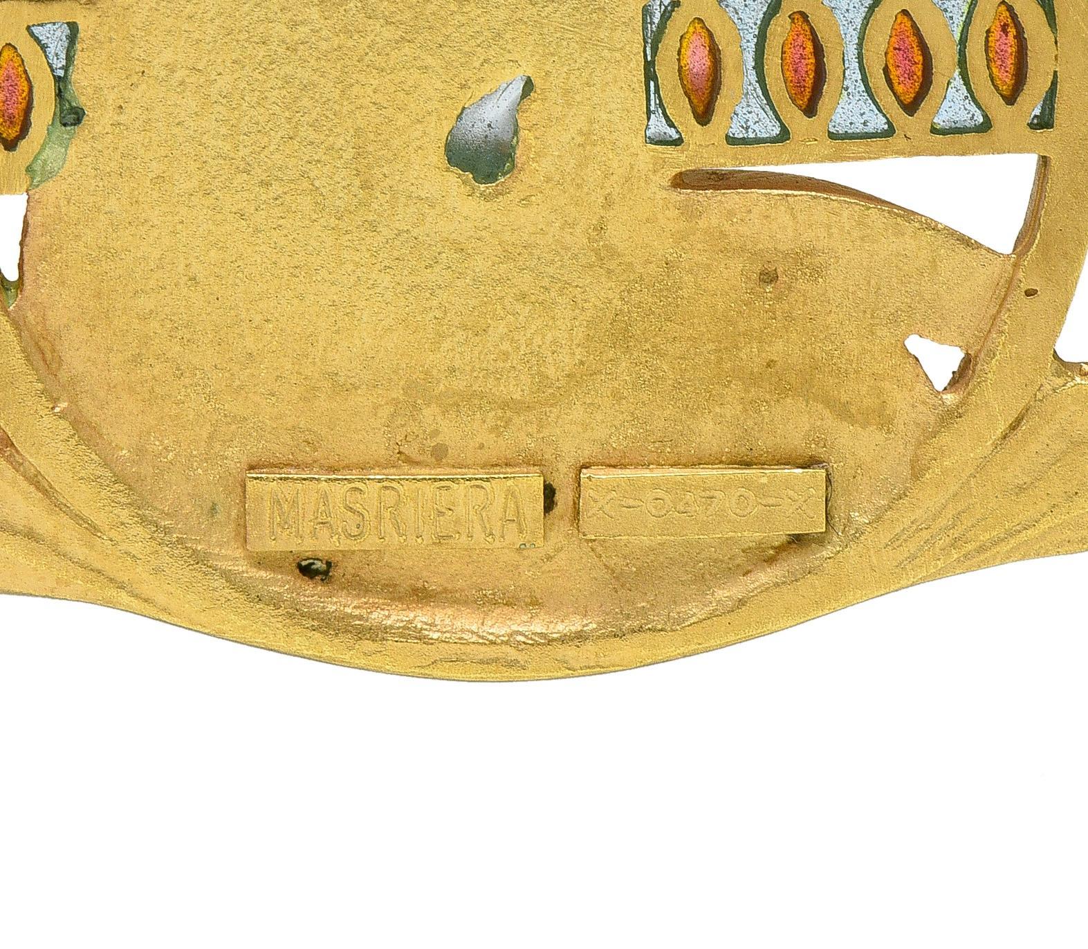 Masriera Art Nouveau Enamel 18K Yellow Gold Antique Pliqué-A-Jour Lady Pendant For Sale 1